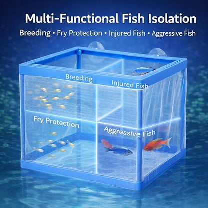 petzlifeworld FS-01 Fish Tank Breeder Net Box with Suction Cups | Blue Mesh Fry Saver for Aquarium | Isolation Box for Baby, Injured & Aggressive Fish