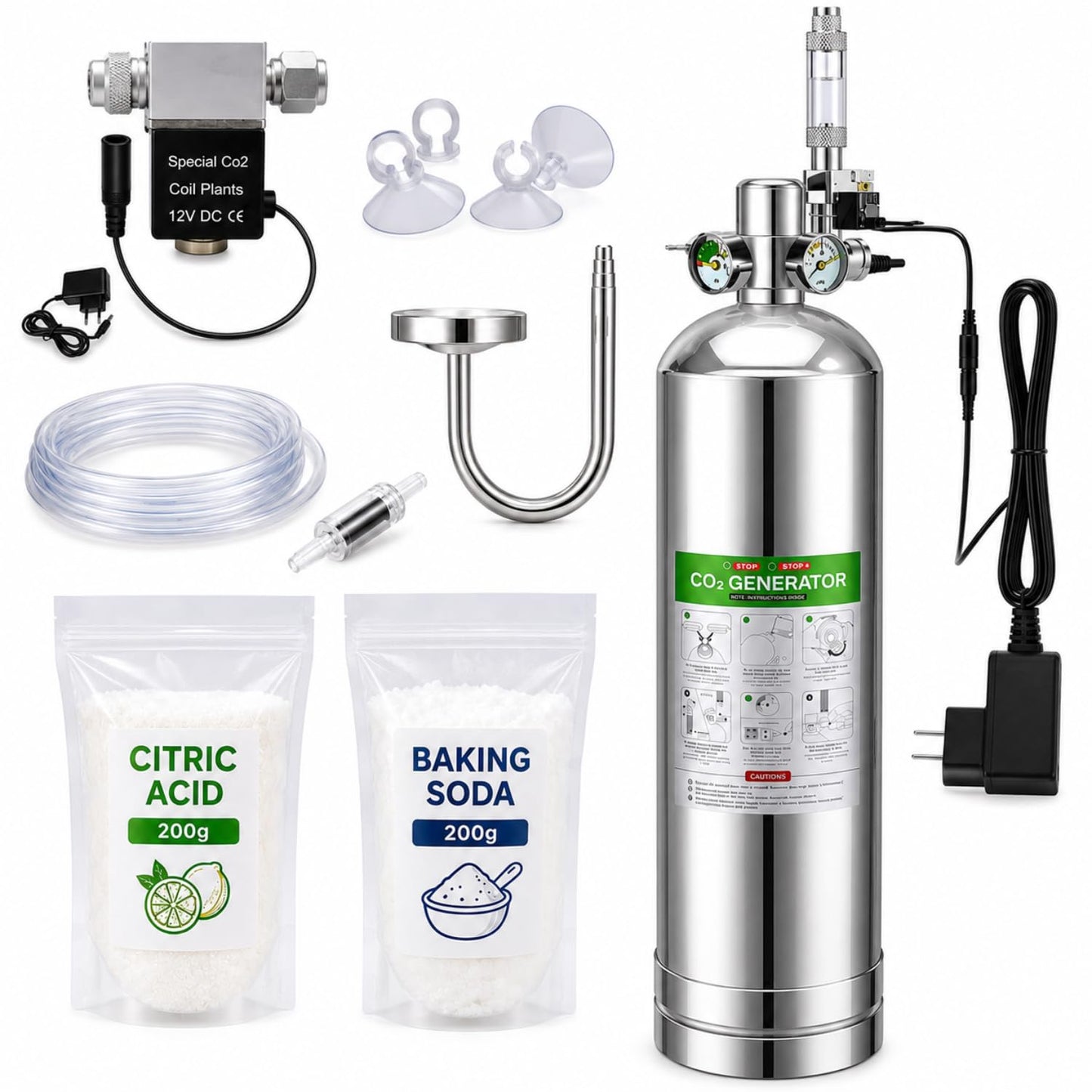 Petzlifeworld 2L Stainless Steel DIY CO₂ Generator Kit for Planted Aquariums | Citric Acid 200g + Baking Soda 200g | Solenoid Valve, Pressure Gauge, Metal Bubble Counter, CO₂ Tube & Flat Diffuser