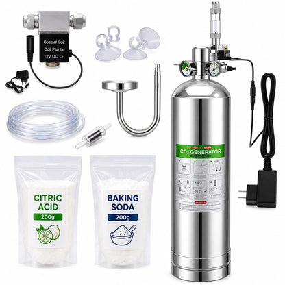 Petzlifeworld 2L Stainless Steel DIY CO₂ Generator Kit for Planted Aquariums | Citric Acid 200g + Baking Soda 200g | Solenoid Valve, Pressure Gauge, Metal Bubble Counter, CO₂ Tube & Flat Diffuser