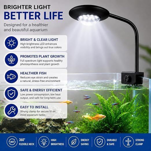 Petzlifeworld QL-V5 Aquarium Flying Saucer Clamp Lamp 5W | 360° Flexible Neck with Clamp | Bright White LED Light for 20–30cm Fish Tanks | 220–240V | for Betta, Shrimp, Nano & Planted Aquariums
