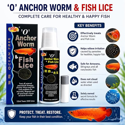 Petzlifeworld Ocean Free O Anchor Worm & Fish Lice, 125ML | Treats All External parasitical Disease Problems for Arowana's, Stingrays and All Rare/Exotic Sensitive Fishes