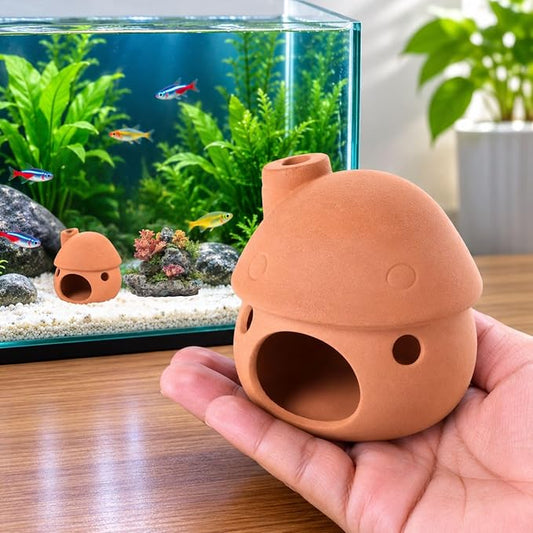 Petzlifeworld (Mushroom House Natural Clay Fish Tank Hideout | Aquarium Ornament Decoration for Small Fish & Shrimp | Terracotta Shelter for Resting, Hiding & Aquascaping