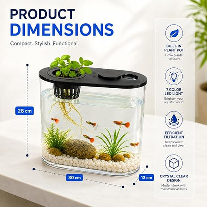 petzlifeworld PS-30L Fish Tank with Plant Growing Basket & 7-Color LED Light | 10L Desktop Aquarium (30 x 13 x 28 cm) | Crystal Clear Aquatic Tank for Guppy, Betta & Small Fish | Modern Home