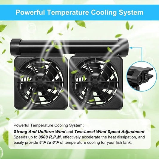 Petzlifeworld Double Head Fish Tank Cooling Fan System, 2 Wind Speed Adjustable Cooling Fan Fish Tank Cold Wind Chiller, Angle Adjustable Clip On Chiller (Black)