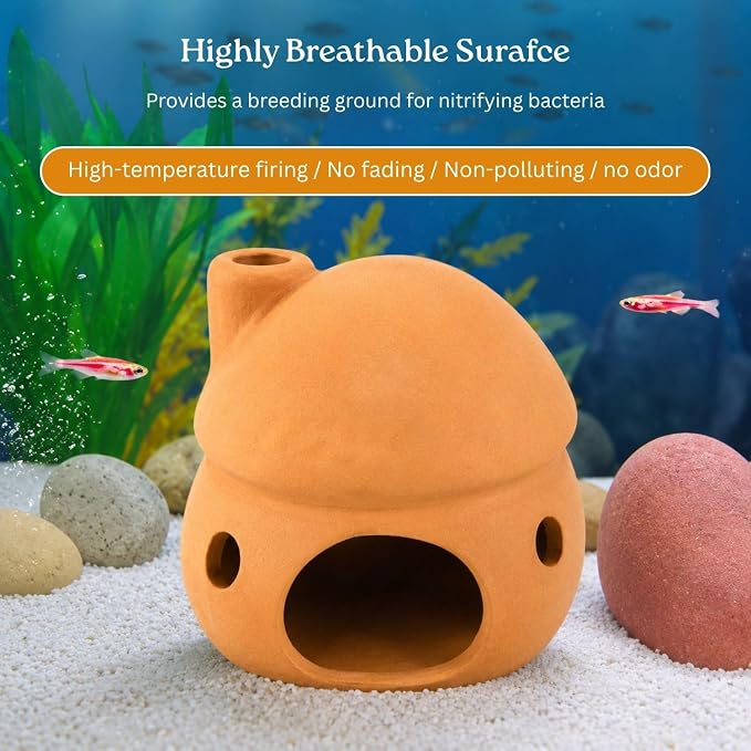 Petzlifeworld (Mushroom House Natural Clay Fish Tank Hideout | Aquarium Ornament Decoration for Small Fish & Shrimp | Terracotta Shelter for Resting, Hiding & Aquascaping