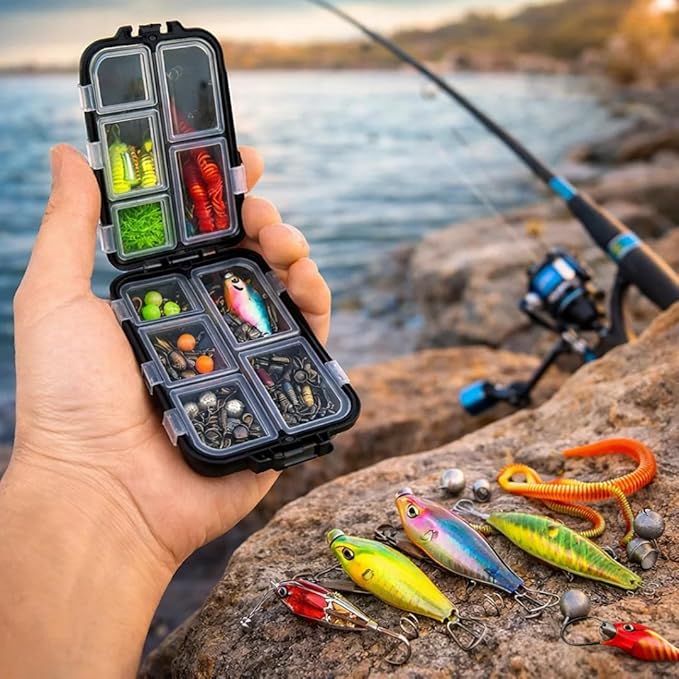 petzlifeworld Mini  and small Portable Fishing Tackle Box, 1pc Black Multi-Compartment Organizer with Lockable Lid & Design, Durable Lure Storage Case for Hooks, Rigs & Fishing Gear, Ideal for Anglers & Outdoor Use