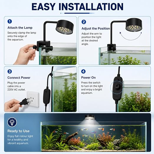 Petzlifeworld Liny WH-570 Aquarium LED Clip Light 8W | White LED Aquarium Lamp for 20–30cm Fish Tanks | AC 220V Energy Efficient Lighting | Easy Clip-On Design for Nano Tanks Aquariums