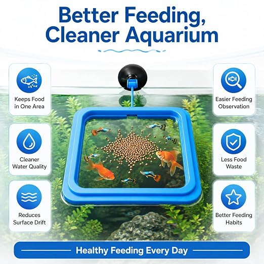 PetzLifeworldPlastic Fish Feeder for Aquarium Tank Floating Food Feeding Ring, Square - Aquarium Fish Tank Accessories Cichild, Beta, Goldfish, Spirulina and Koi Pond - with Suction Cup