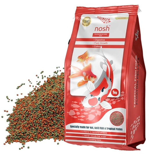 PetzLifeworld Nosh 1Kg Economical Daily Diet Aquarium Fish Food, Specially Made for Koi, Gold Fish and Tropical Fish Food | Floating Pellets | Wont Cloud The Water