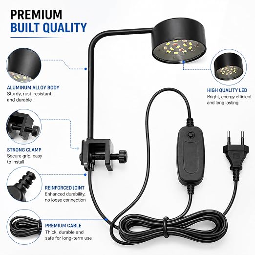 Petzlifeworld Liny WH-570 Aquarium LED Clip Light 8W | White LED Aquarium Lamp for 20–30cm Fish Tanks | AC 220V Energy Efficient Lighting | Easy Clip-On Design for Nano Tanks Aquariums