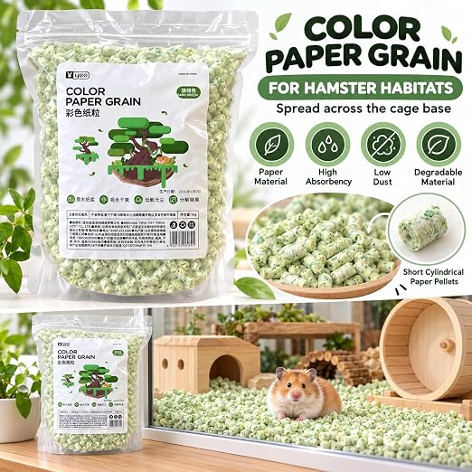 Petzlfiewrold YEE Color Paper Grain Hamster Bedding 1kg (Dark Green and Purple ) | Soft & Absorbent Paper Pellets | Low-Dust & Deodorizing Cage Bedding for Hamsters & Small Pets