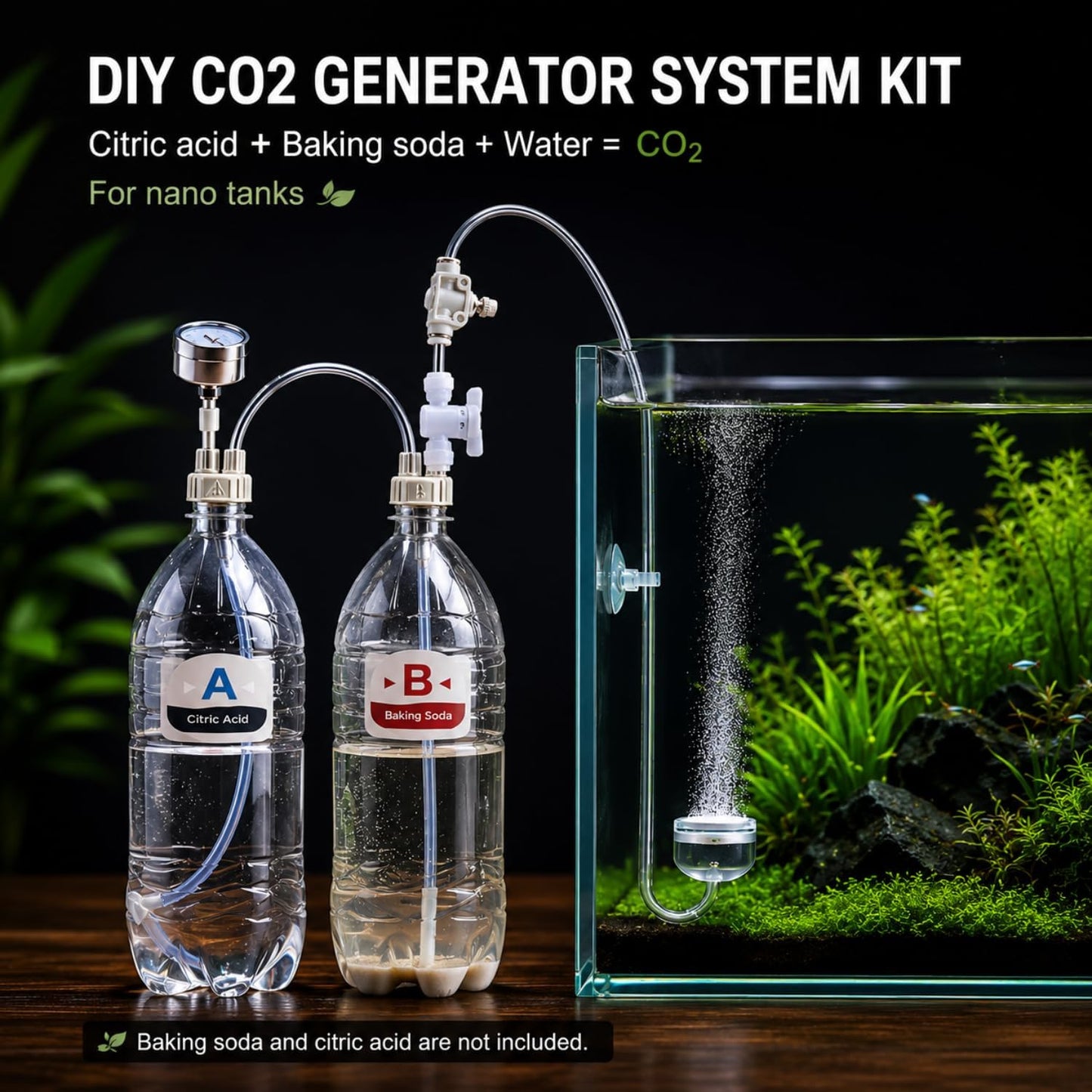 petzlifeworld DIY D201 CO2 Generator System Kit for Planted Aquarium | CO2 Regulator with Pressure Gauge, Tube, Valve & Bottle Cap | Citric Acid 200g + Baking Soda 200g | Aquascaping Kit