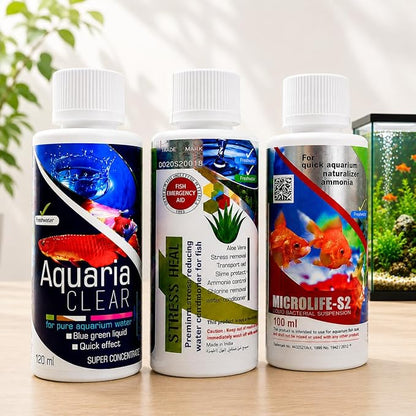 Aquatic Remedies Aquarium Fish Tank Must Have Starter Combo  (Stress Heal + Aquaria Clear + MicroLife S2) 3 * 100 ML - 3 Pcs Combo Starter Pack