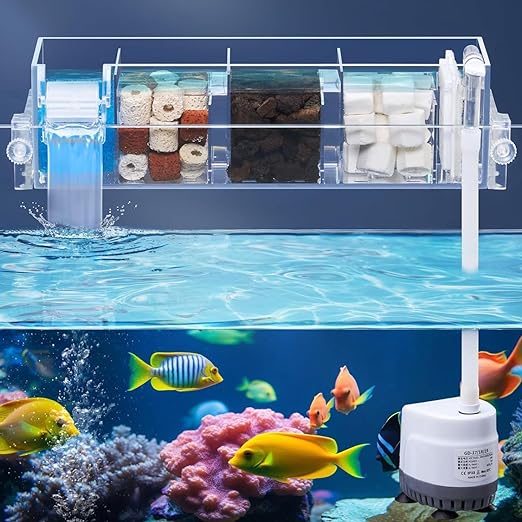 Petzlifeworld Transparent Acrylic Multi Layer Top Sump Filter Box with Pump & Filter Pad, Bio Wheel GD-17|5W|300L/H( Media Not Included)