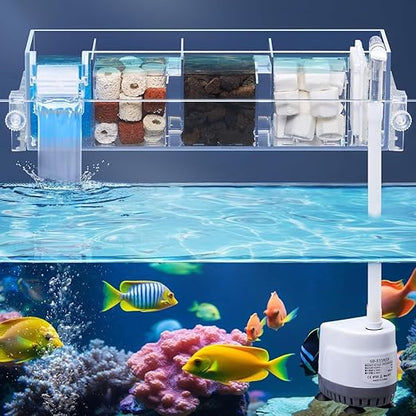 Petzlifeworld Transparent Acrylic Multi Layer Top Sump Filter Box with Pump & Filter Pad, Bio Wheel GD-17|5W|300L/H( Media Not Included)