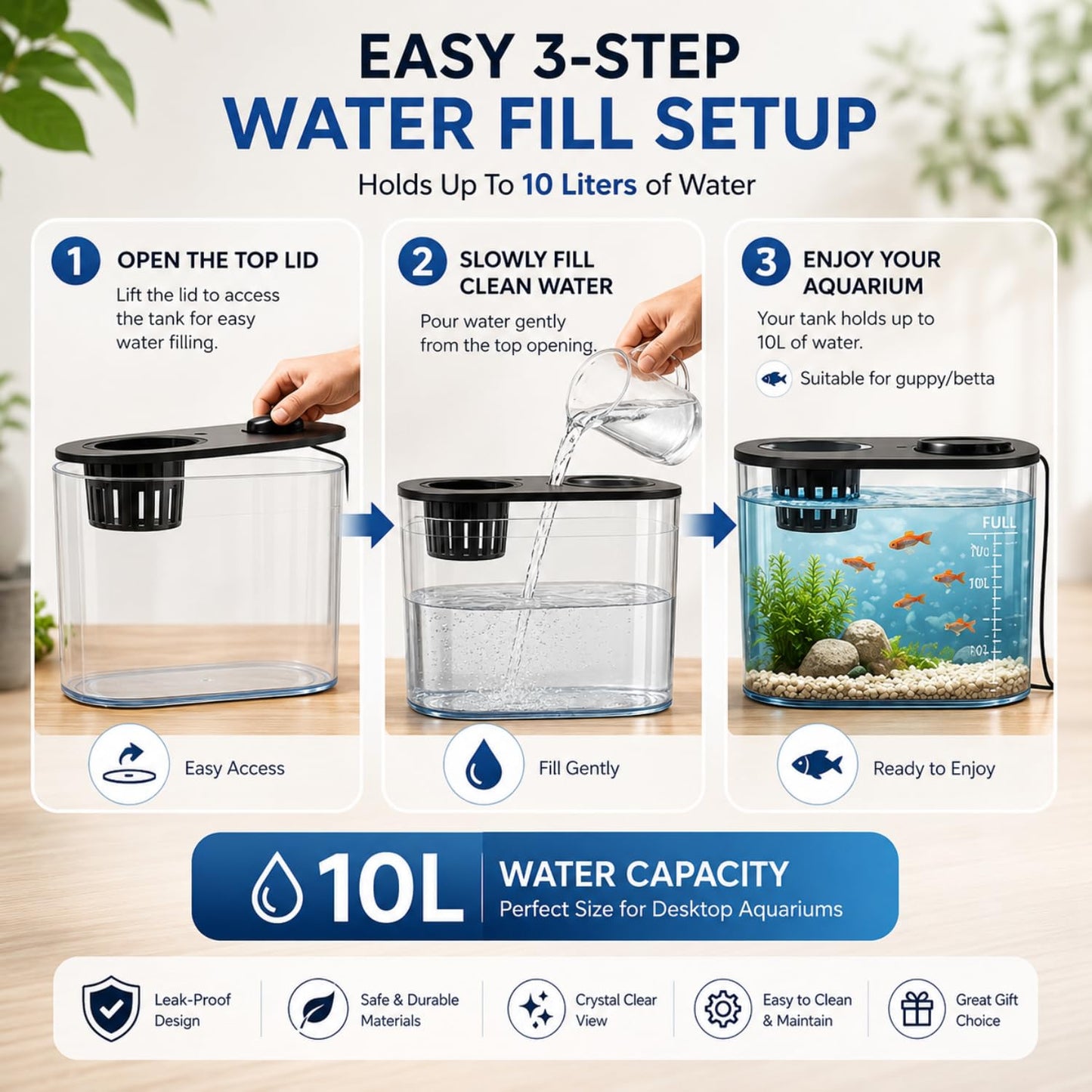 petzlifeworld PS-30L Fish Tank with Plant Growing Basket & 7-Color LED Light | 10L Desktop Aquarium (30 x 13 x 28 cm) | Crystal Clear Aquatic Tank for Guppy, Betta & Small Fish | Modern Home