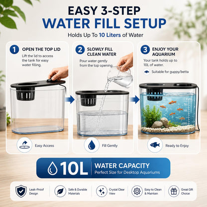 petzlifeworld PS-30L Fish Tank with Plant Growing Basket & 7-Color LED Light | 10L Desktop Aquarium (30 x 13 x 28 cm) | Crystal Clear Aquatic Tank for Guppy, Betta & Small Fish | Modern Home