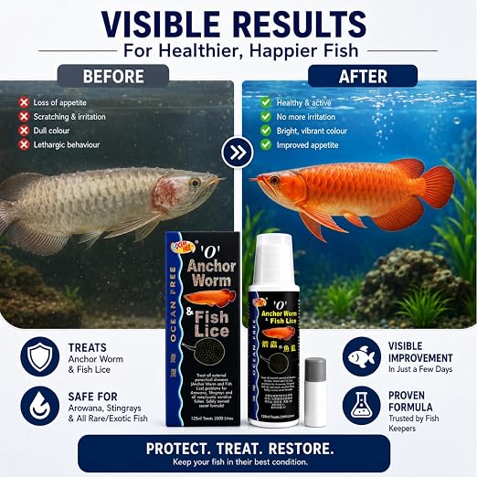 Petzlifeworld Ocean Free O Anchor Worm & Fish Lice, 125ML | Treats All External parasitical Disease Problems for Arowana's, Stingrays and All Rare/Exotic Sensitive Fishes