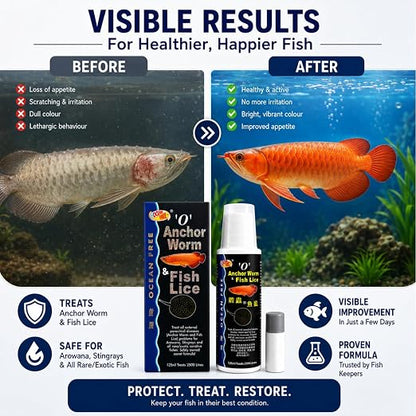 Petzlifeworld Ocean Free O Anchor Worm & Fish Lice, 125ML | Treats All External parasitical Disease Problems for Arowana's, Stingrays and All Rare/Exotic Sensitive Fishes