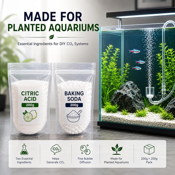 petzlifeworld  DIY Aquarium CO2 Essential Kit – Citric Acid 200g + Baking Soda 200g | CO2 Generator Ingredients for Planted Aquarium & Aquascaping | 400g Combo Pack