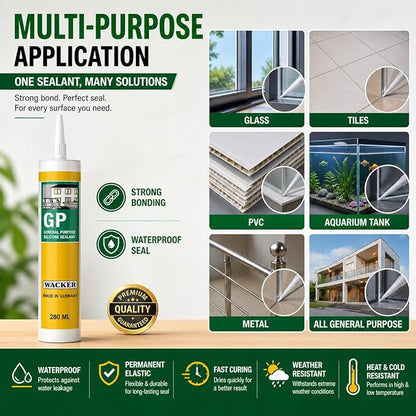 Petzlifeworld Wacker GP Silicone Sealant 280ML | Waterproof Gap Filling & Strong Bonding | Ideal for Glass, Tiles, PVC, Aquarium & Metal | Fast Curing Multi-Purpose Sealant