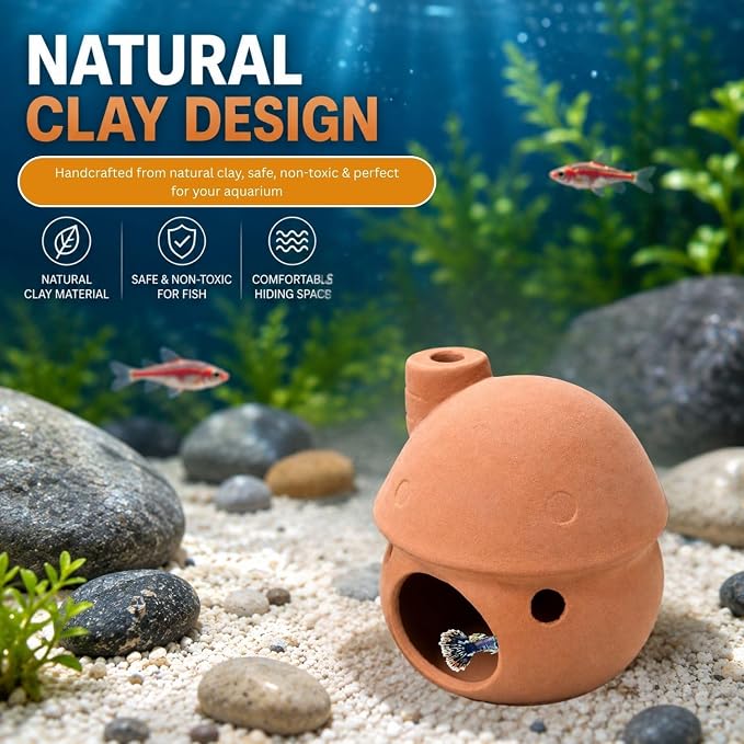 Petzlifeworld (Mushroom House Natural Clay Fish Tank Hideout | Aquarium Ornament Decoration for Small Fish & Shrimp | Terracotta Shelter for Resting, Hiding & Aquascaping