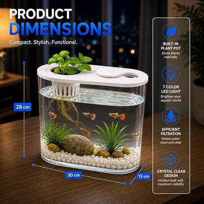 petzlifeworld PS-30L Fish Tank with Plant Growing Basket & 7-Color LED Light | 10L Desktop Aquarium (30 x 13 x 28 cm) | Crystal Clear Aquatic Tank for Guppy, Betta & Small Fish | Modern Home