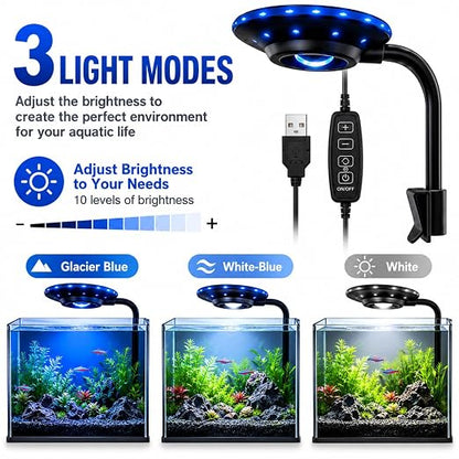 petzlifeworld FD-001 UFO Clip LED Aquarium Light | 3 Mode Fish Tank Light | 360° Flexible Gooseneck | DC 5V USB Powered | Fits 3–5mm Glass | for Betta, Nano & Planted Aquariums