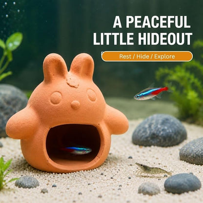 Petzlifeworld (Bunny House Natural Clay Fish Tank Hideout | Aquarium Ornament Decoration for Small Fish & Shrimp | Terracotta Shelter for Resting, Hiding & Aquascaping