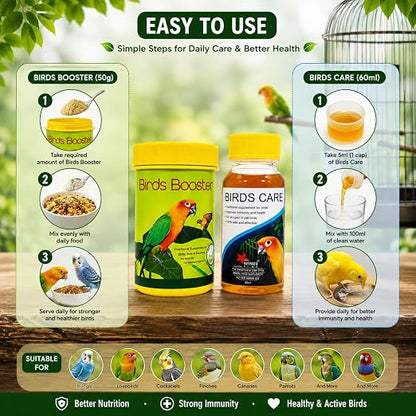 Petzlifeworld Bird Booster, 50g & Birds Care, 60ML Combo Health Supplements for All Kind of Pet Birds