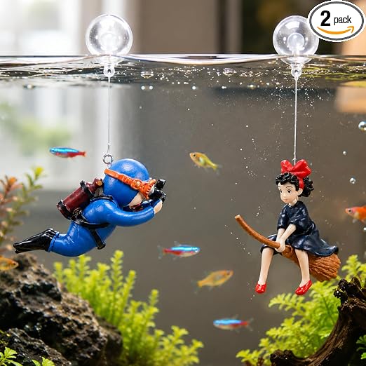 Petzlifeworld (Pack of 2) Floating Little Witch & Diver (Random Color) Aquarium Decorations Landscaping Fish Tank Toy – Cute and Lifelike Ornaments for a Magical Underwater World