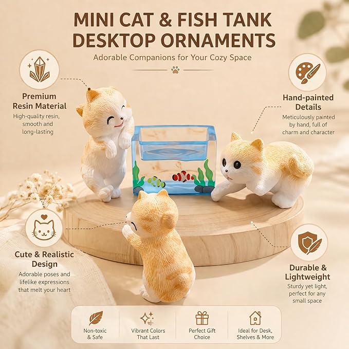 petzlifeworld (3 Pcs Set Mini Cute Cat & Mini Fish Tank | Resin Desktop Decor | Kawaii Cat Figurines for Desk, Aquarium, Dollhouse & Gift | Lightweight, Durable, and Vompact in Size