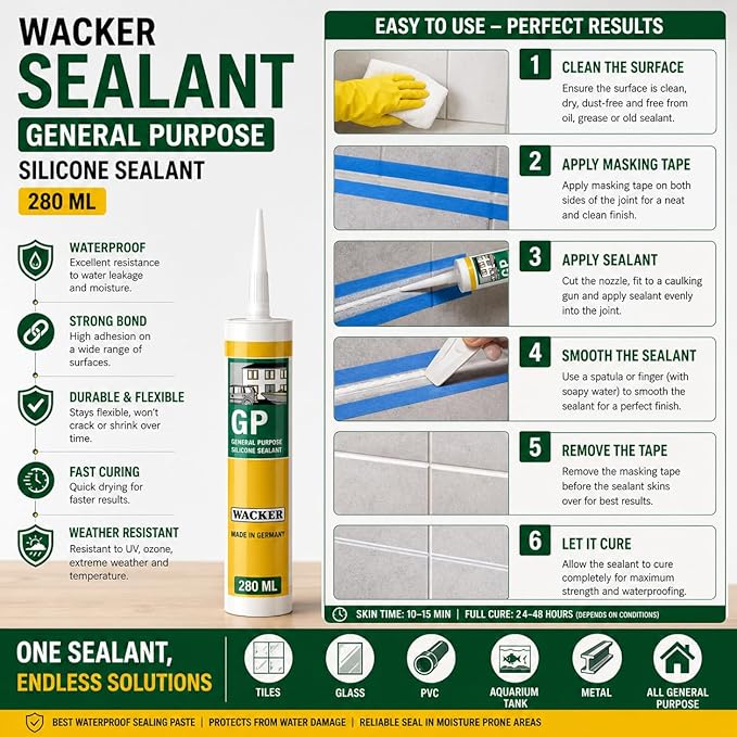 Petzlifeworld Wacker GP Silicone Sealant 280ML | Waterproof Gap Filling & Strong Bonding | Ideal for Glass, Tiles, PVC, Aquarium & Metal | Fast Curing Multi-Purpose Sealant