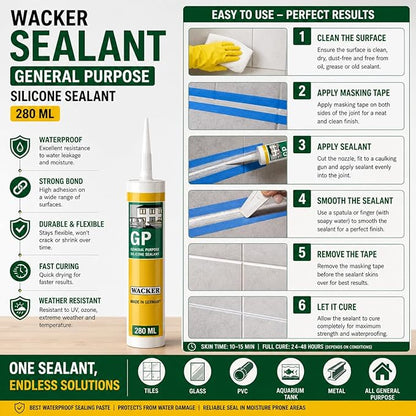 Petzlifeworld Wacker GP Silicone Sealant 280ML | Waterproof Gap Filling & Strong Bonding | Ideal for Glass, Tiles, PVC, Aquarium & Metal | Fast Curing Multi-Purpose Sealant