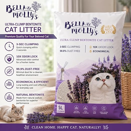 petzlifeworld Bella & Molly’s Fresh Bentonite Cat Litter 5L | 3-Second Fast Clumping | 99.9% Dust-Free | 10X Odor Lock | Long-Lasting Freshness