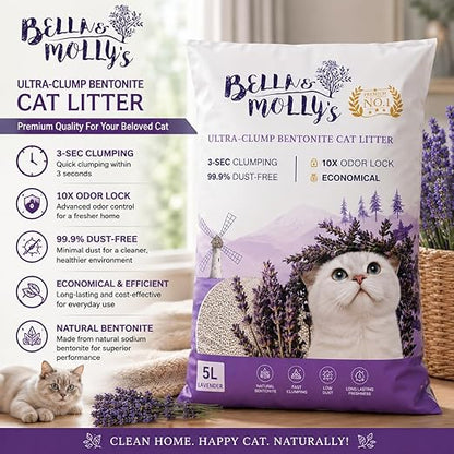 petzlifeworld Bella & Molly’s Fresh Bentonite Cat Litter 5L | 3-Second Fast Clumping | 99.9% Dust-Free | 10X Odor Lock | Long-Lasting Freshness