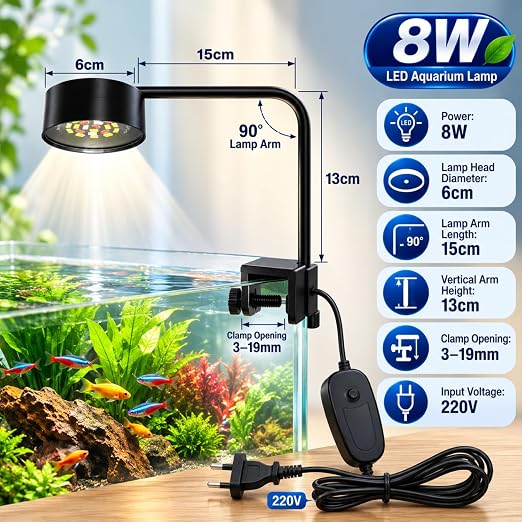 Petzlifeworld Liny WH-570 Aquarium LED Clip Light 8W | White LED Aquarium Lamp for 20–30cm Fish Tanks | AC 220V Energy Efficient Lighting | Easy Clip-On Design for Nano Tanks Aquariums