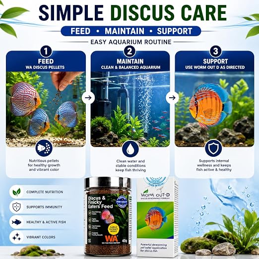 Petzlifeworld Complete Discus Fish Care Combo - WA Discus & Finicky Eaters Feed 45g +AR  Worm Out-D | High Protein Nutrition & Internal Wellness Support