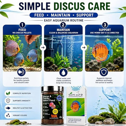 Petzlifeworld Complete Discus Fish Care Combo - WA Discus & Finicky Eaters Feed 45g +AR  Worm Out-D | High Protein Nutrition & Internal Wellness Support