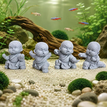 Petzlifeworld   4 Pcs Mini Monk Figures – Retro Resin Buddhist Statues | Cute Stone-Look Monk Decor for Aquarium, Home, Office, Garden, Desk, Shelf & Zen Decoration
