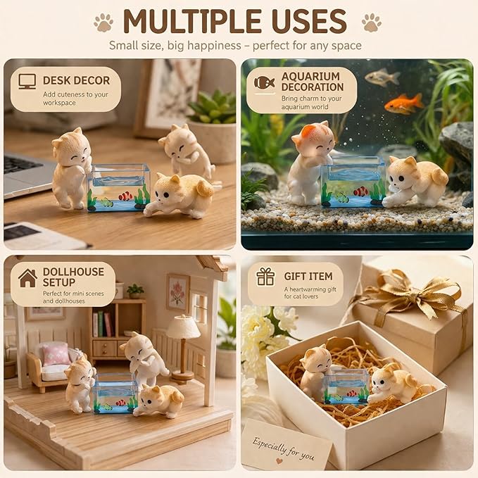 petzlifeworld (3 Pcs Set Mini Cute Cat & Mini Fish Tank | Resin Desktop Decor | Kawaii Cat Figurines for Desk, Aquarium, Dollhouse & Gift | Lightweight, Durable, and Vompact in Size