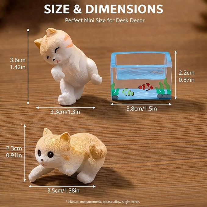 petzlifeworld (3 Pcs Set Mini Cute Cat & Mini Fish Tank | Resin Desktop Decor | Kawaii Cat Figurines for Desk, Aquarium, Dollhouse & Gift | Lightweight, Durable, and Vompact in Size