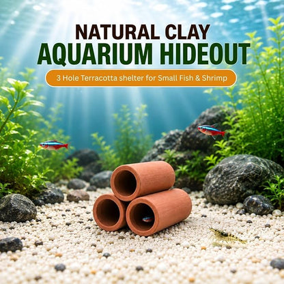 Petzlifeworld  3-Hole Natural Clay Aquarium Hideout | Terracotta Tube Cave Shelter for Small Fish & Shrimp | Fish Tank Ornament for Hiding, Resting & Aquascaping