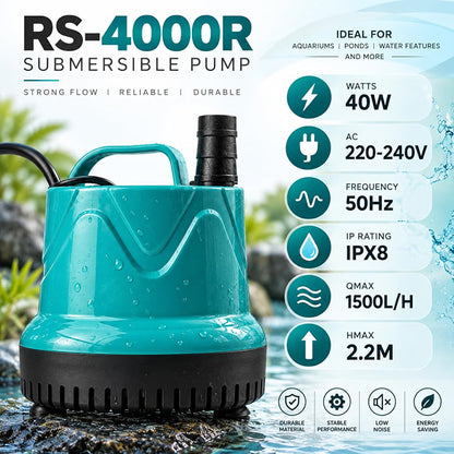 Petzlifeworld RS-4000R 40W Submersible Water Pump – 1500 L/H High Flow, 2.2M Max Lift for Aquarium, Pond & Fountain