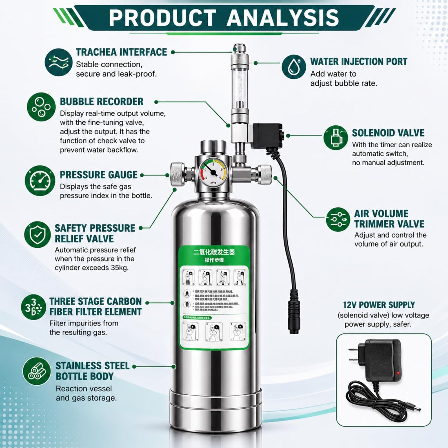 Petzlifeworld 2L Stainless Steel DIY CO₂ Generator Kit for Planted Aquariums | Citric Acid 200g + Baking Soda 200g | Solenoid Valve, Pressure Gauge, Metal Bubble Counter, CO₂ Tube & Flat Diffuser