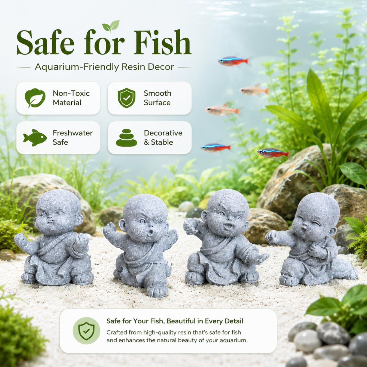 Petzlifeworld   4 Pcs Mini Monk Figures – Retro Resin Buddhist Statues | Cute Stone-Look Monk Decor for Aquarium, Home, Office, Garden, Desk, Shelf & Zen Decoration