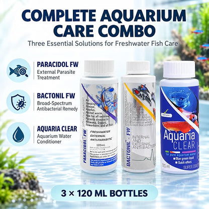 Aquatic Remedies 3-in-1 Freshwater Fish Care Combo – Paracidol FW + Bactonil FW + Aquaria Clear | 120 ml Each
