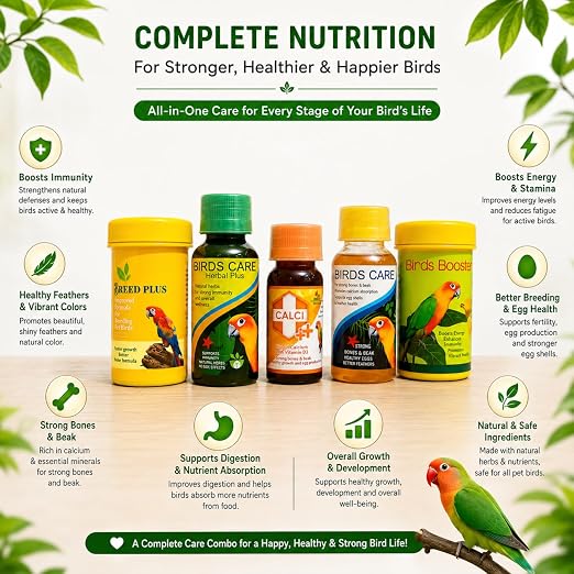 Petzlifeworld Bird Care 5 in 1 Combo for All Your Pet Birds (Birds Care, 60Ml + Birds Care Herbal Plus, 60Ml + Calci Plus, 30Ml + Bird Booster, 50G + Breed Plus, 50G)