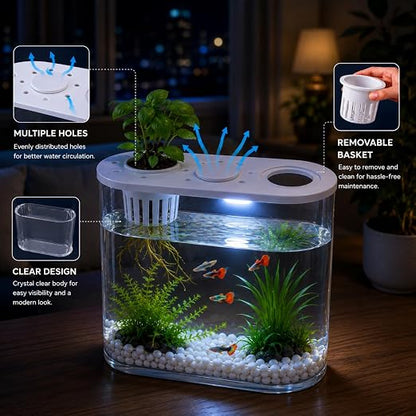 petzlifeworld PS-30L Fish Tank with Plant Growing Basket & 7-Color LED Light | 10L Desktop Aquarium (30 x 13 x 28 cm) | Crystal Clear Aquatic Tank for Guppy, Betta & Small Fish | Modern Home