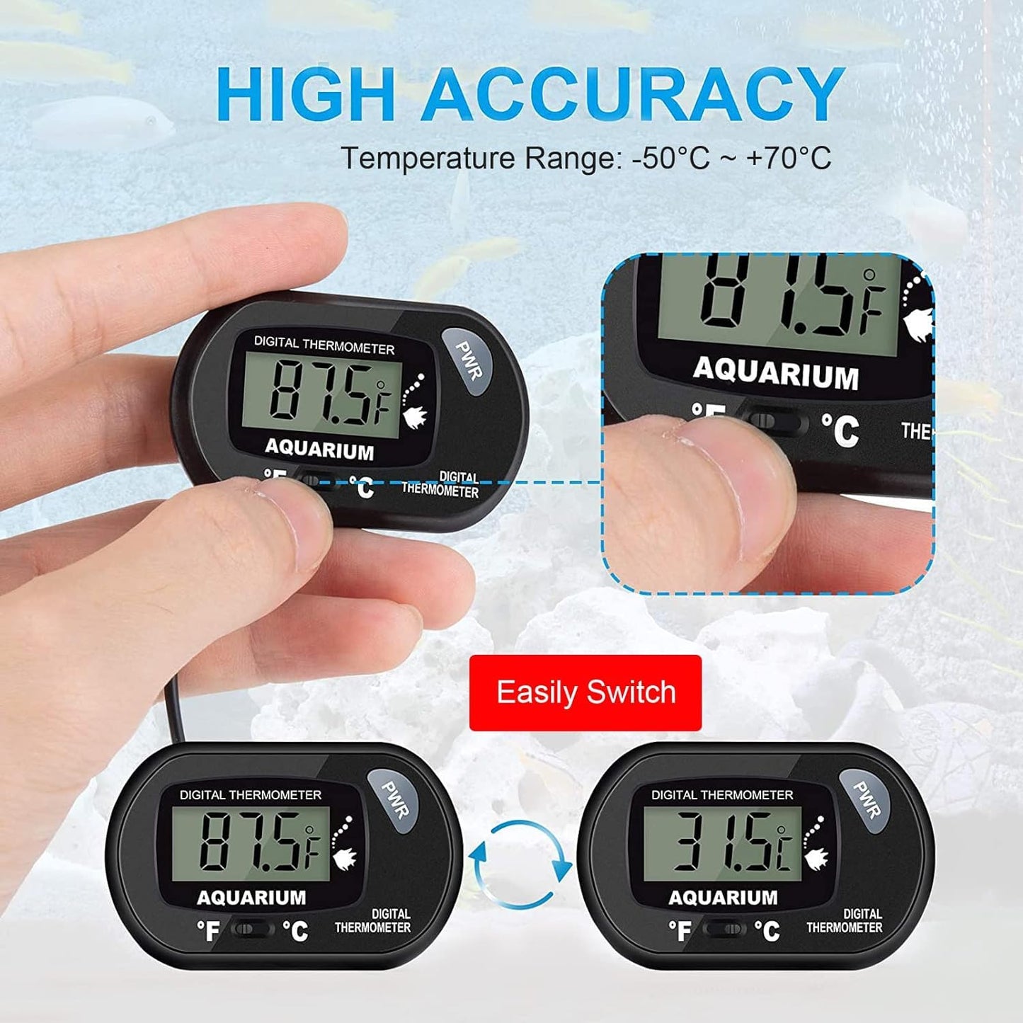 PetzLifeworld Digital LCD Aquarium Thermometer with Suction Cups | Battery Replaceable | Aquarium  Fish Tank Temperature Monitor